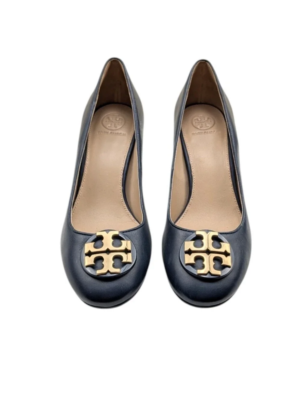 Tory Burch Janey Navy Leather Logo Block Heel Pumps Size 7 EUC $325 S4191